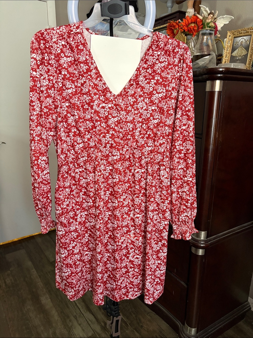 Red Floral V-Neck Long Sleeve Women's Dress by